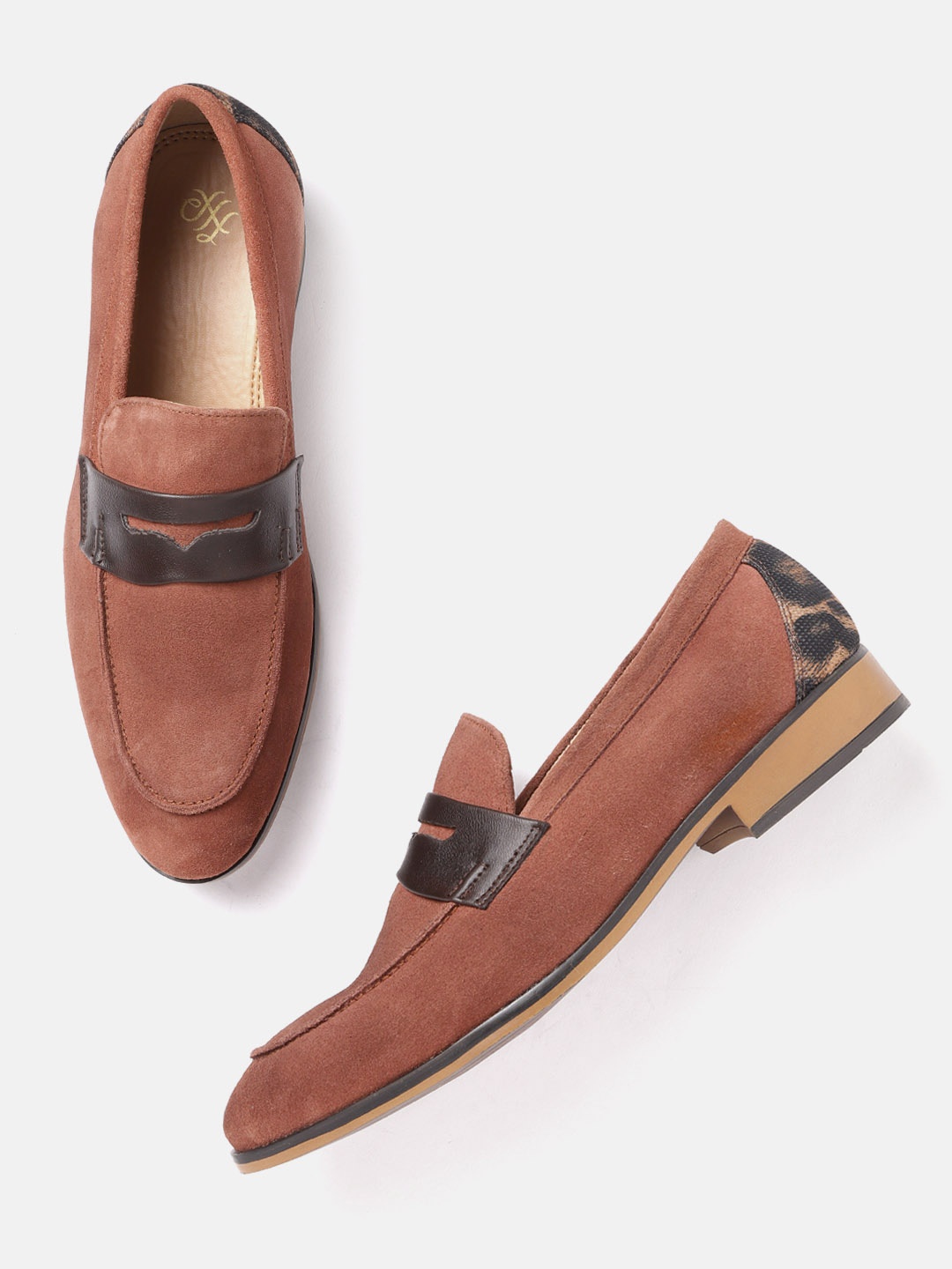 

House of Pataudi Men Rust Red Solid Leather Penny Loafers