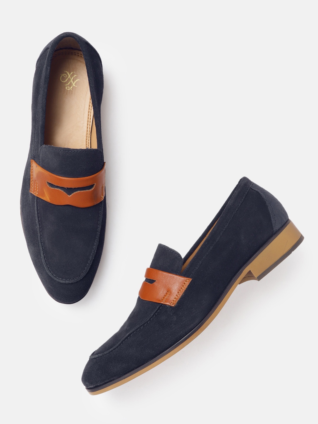 

House of Pataudi Men Navy Blue & Tan Brown Solid Suede Finish Leather Penny Loafers