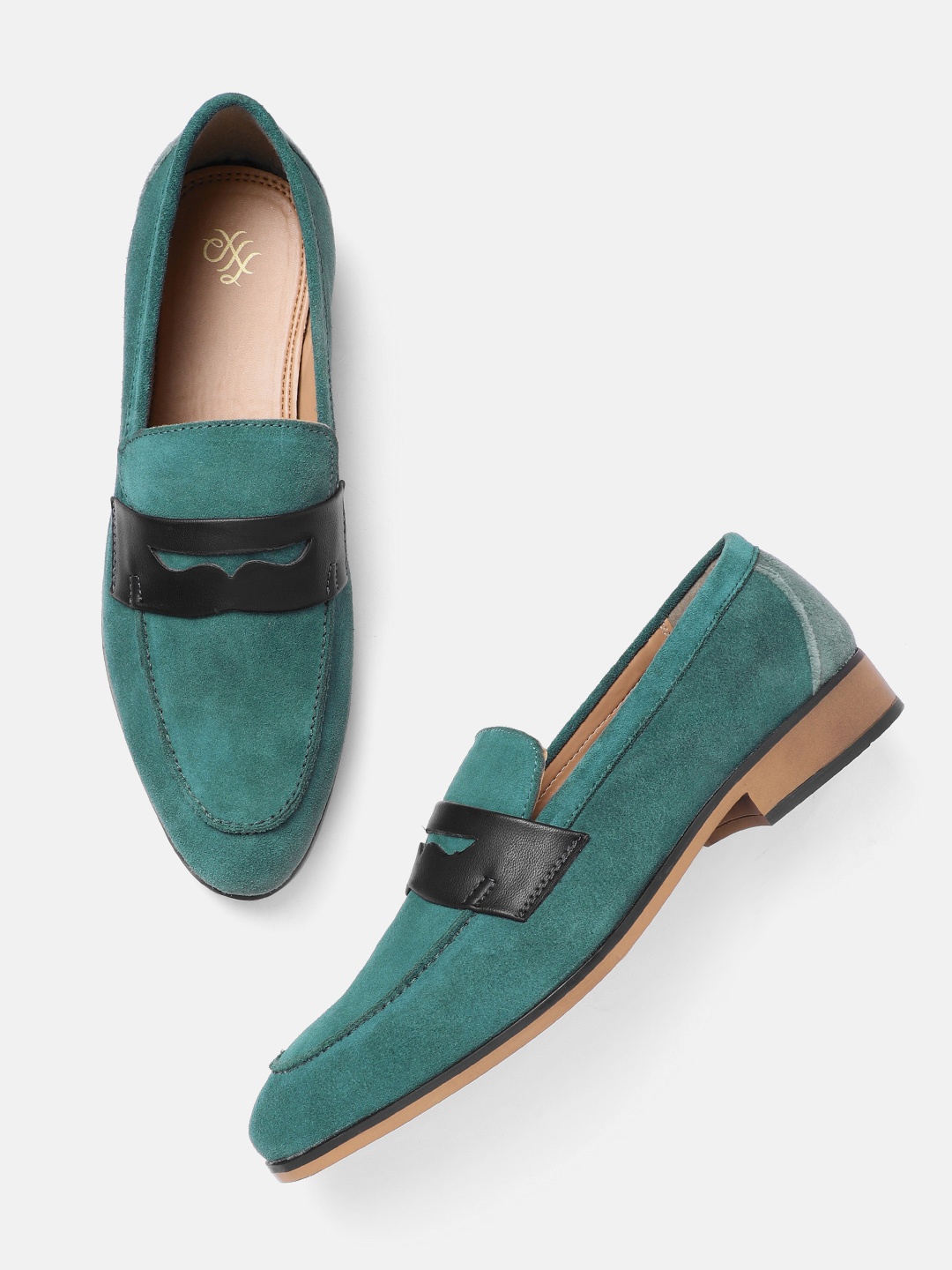 

House of Pataudi Men Teal Green & Black Solid Leather Handcrafted Penny Loafers