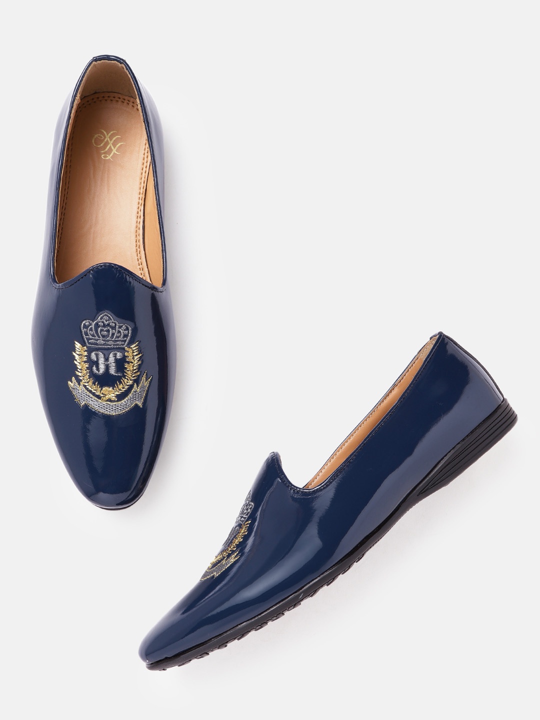 

House of Pataudi Men Navy Blue Handcrafted Embroidered Patent Leather Mojaris