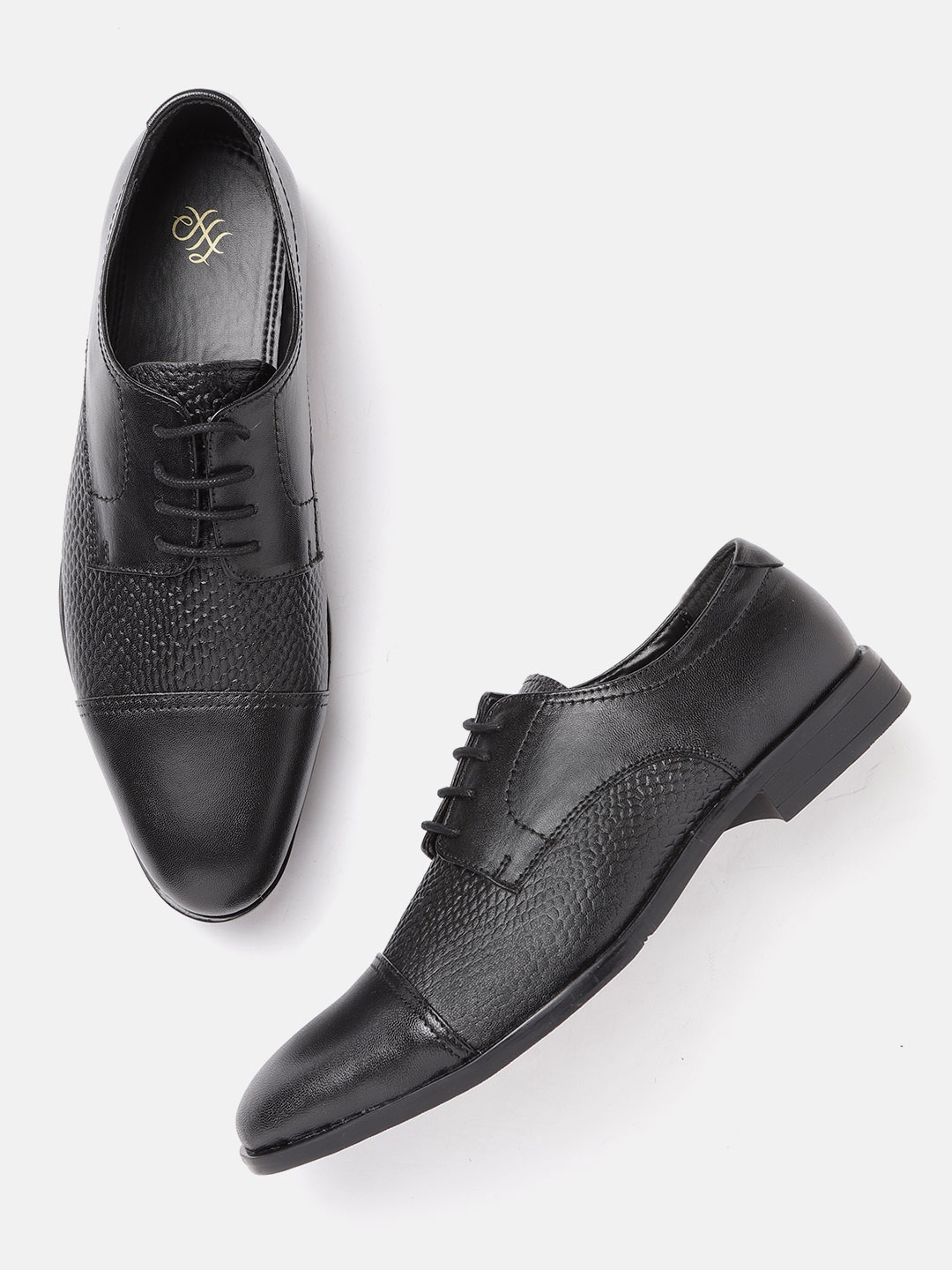 

House of Pataudi Men Black Handcrafted Textured Leather Formal Derbys