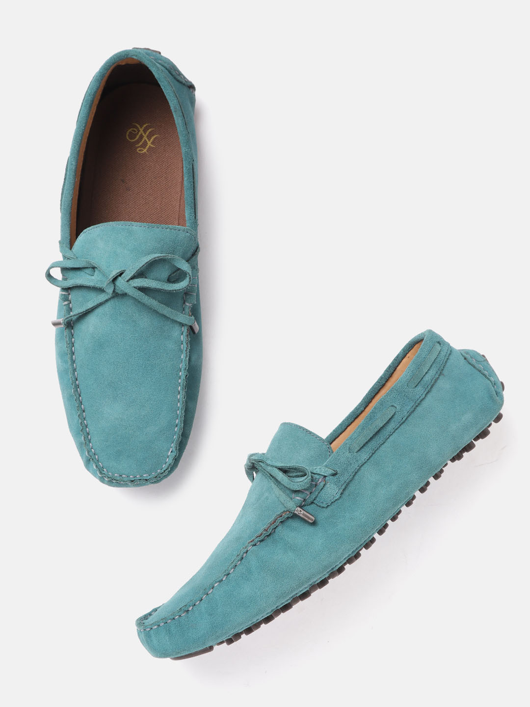 

House of Pataudi Men Teal Blue Suede Handcrafted Driving Shoes