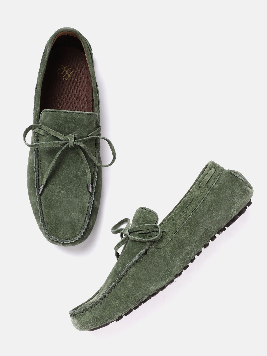 

House of Pataudi Men Olive Green Solid Handcrafted Leather Driving Shoes