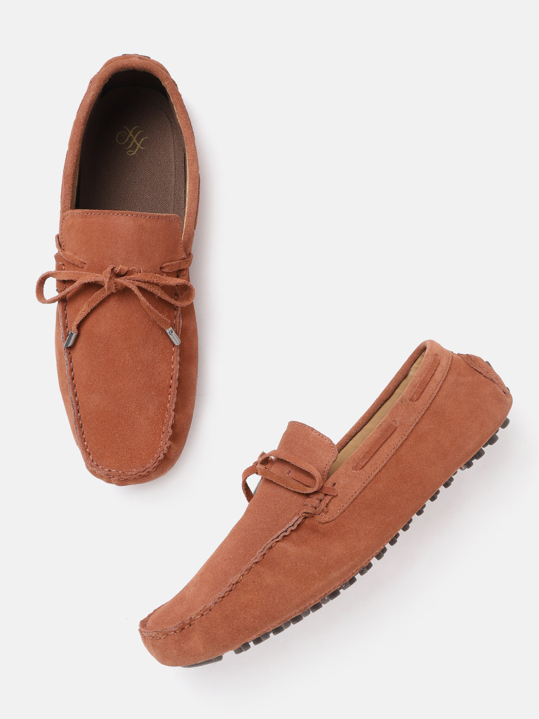 

House of Pataudi Men Tan Brown Suede Handcrafted Driving Shoes