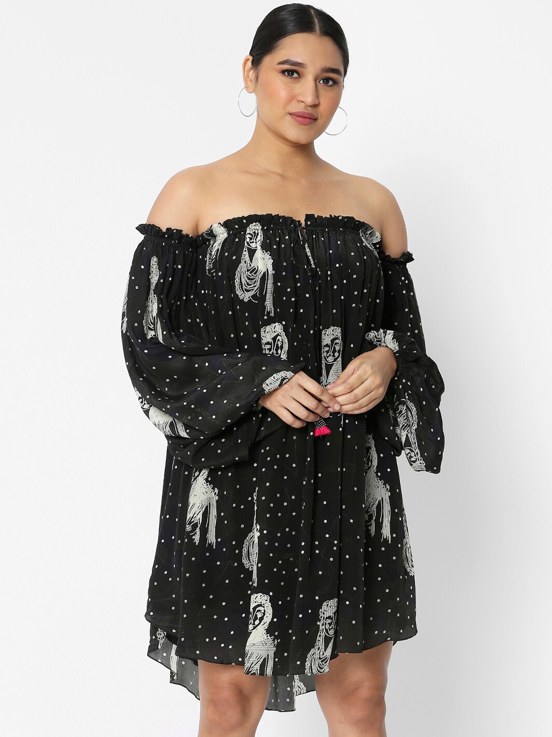 

Masaba Black Floral Off-Shoulder Crepe A-Line Dress