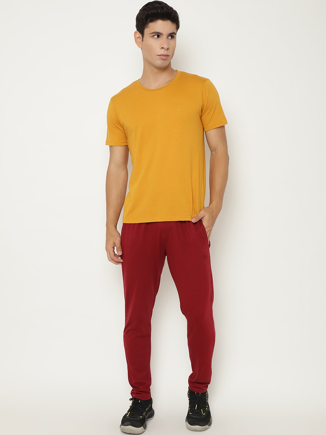 

CHKOKKO Men Mustard Yellow & Maroon Solid Cotton Tracksuit
