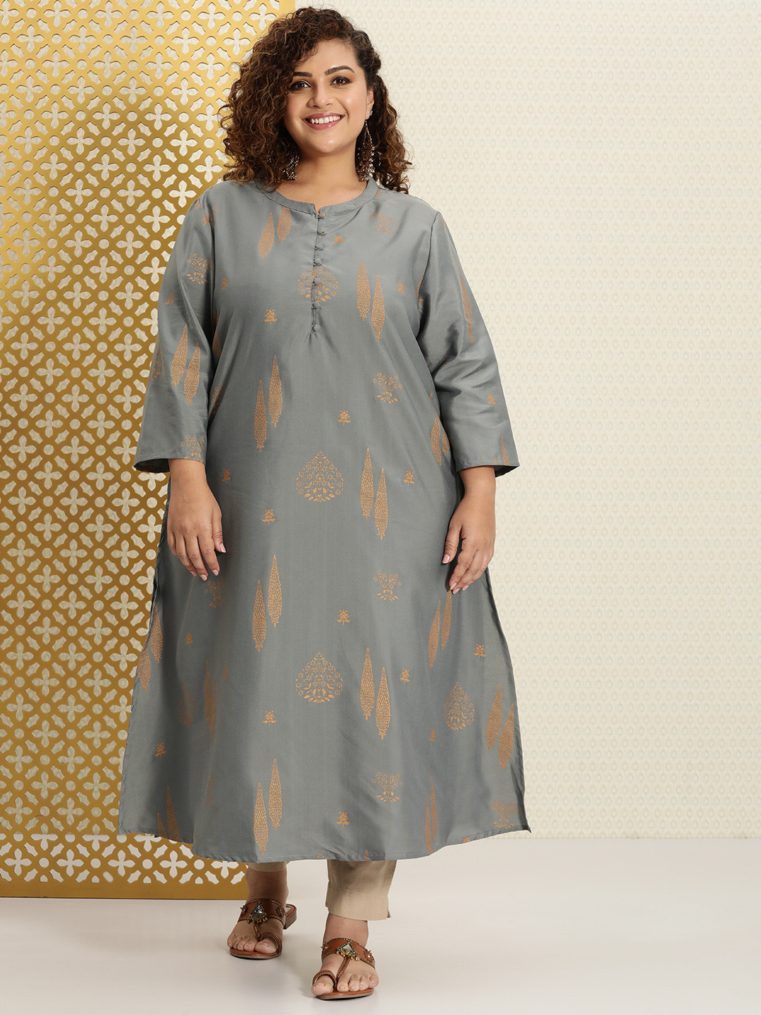 

House of Pataudi Women Grey & Gold-Toned Ethnic Motifs Printed Kurta