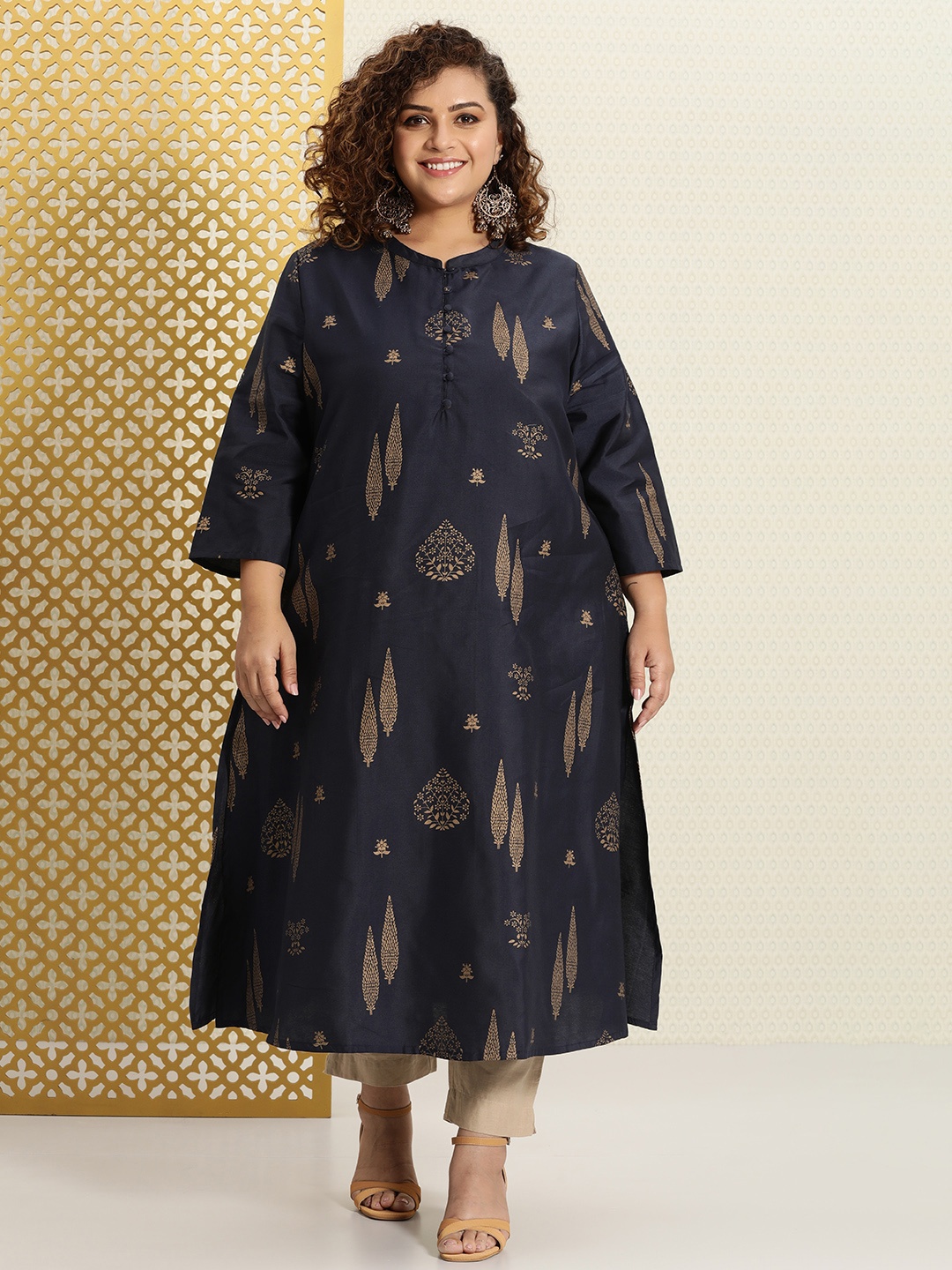 

House of Pataudi Women Navy Blue & Gold-Toned Ethnic Motifs Printed Kurta