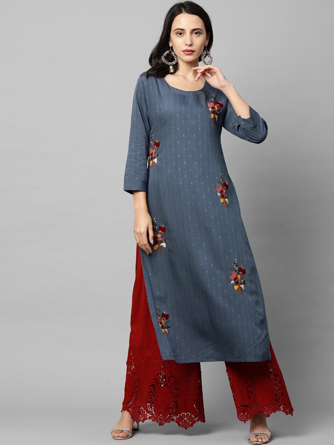 

FASHOR Women Grey Striped Kurta