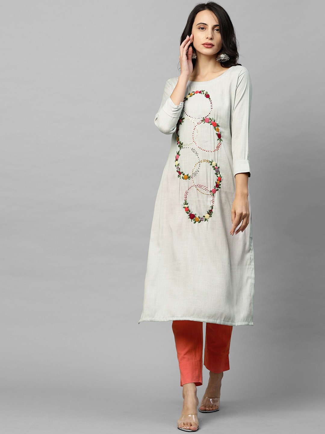 

FASHOR Women Grey Floral Flared Sleeves Mirror Work Kurta