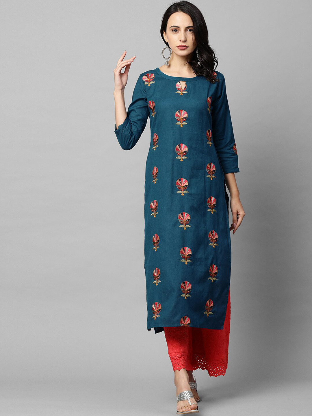 

FASHOR Women Teal Ethnic Motifs Embroidered Thread Work Kurta