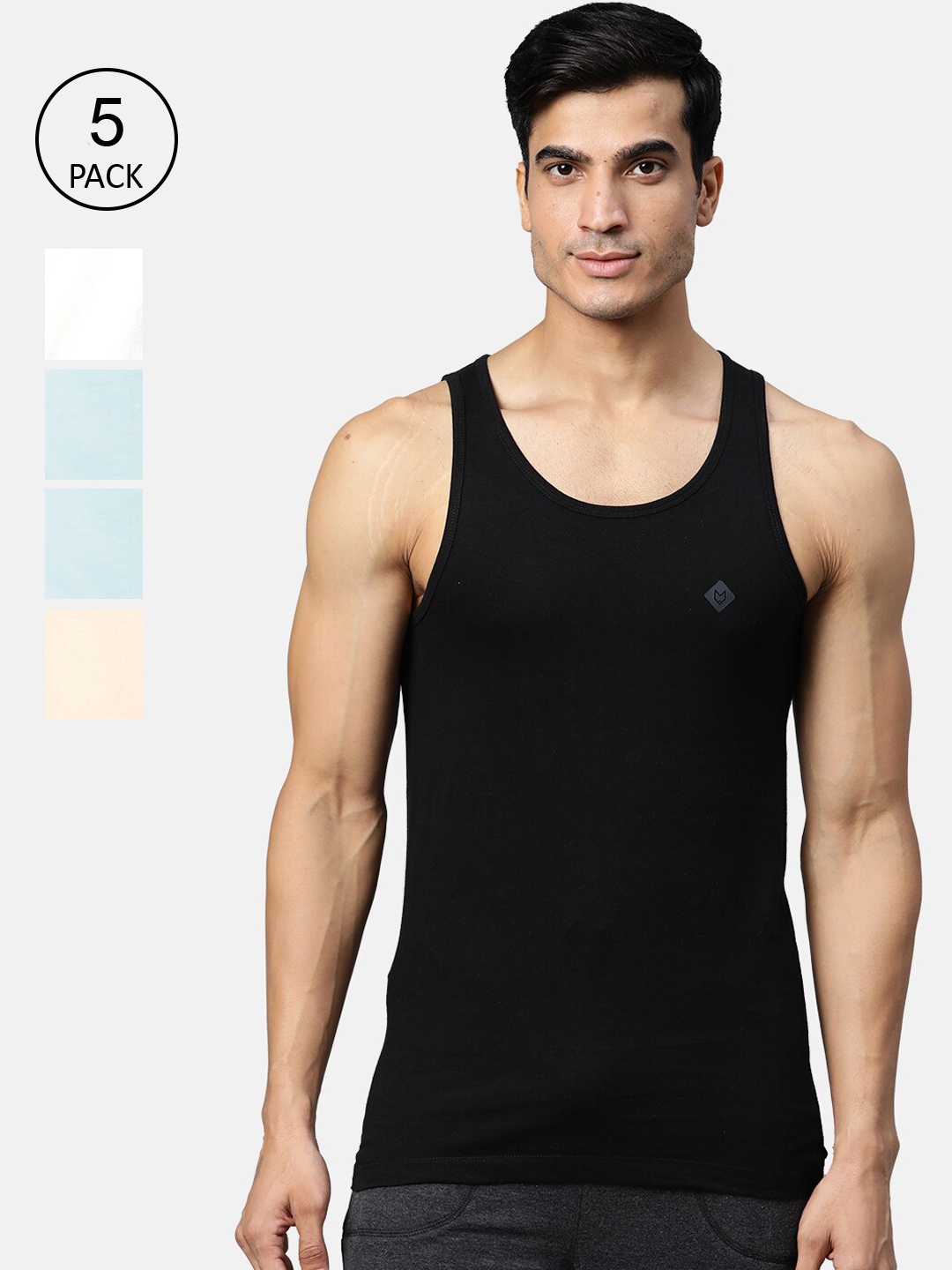 

Almo Wear Men Pack Of 5 Solid Cotton Innerwear Vests, Black