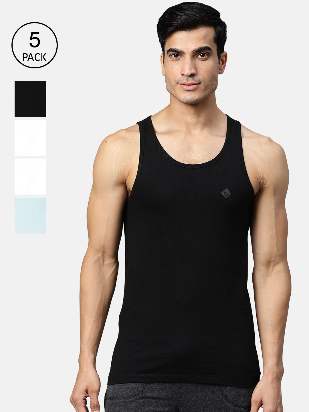 

Almo Wear Men Pack Of 5 Solid Slim-Fit Cotton Innerwear Vests, Black