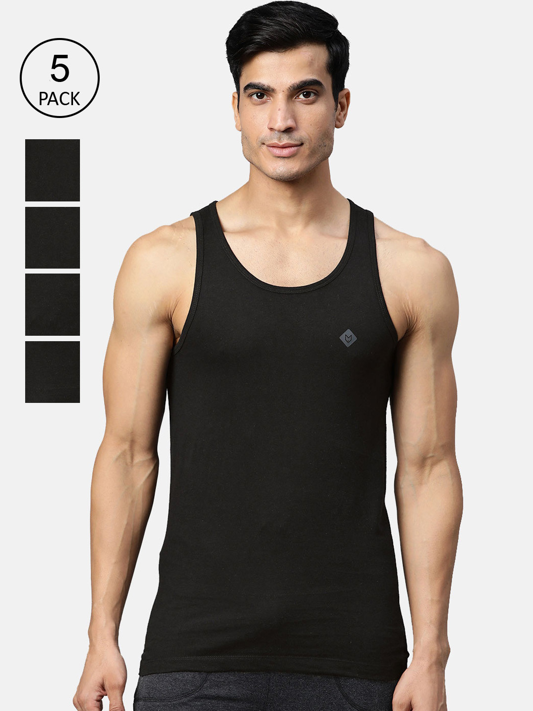 

Almo Wear Men Pack Of 5 Black Solid Cotton Innerwear Vests