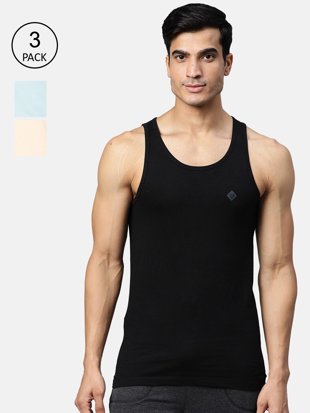 

Almo Wear Men Pack Of 3 Solid Slim-Fit Cotton Innerwear Vests, Black