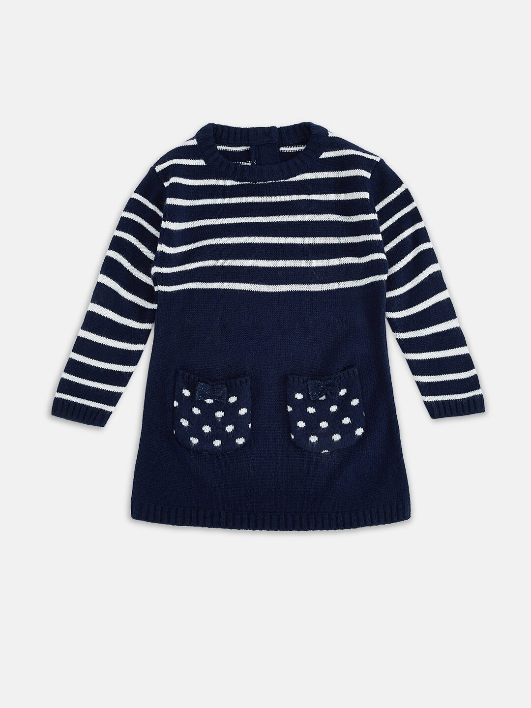 

Pantaloons Baby Girls Navy Blue & White Striped Acrylic Pullover