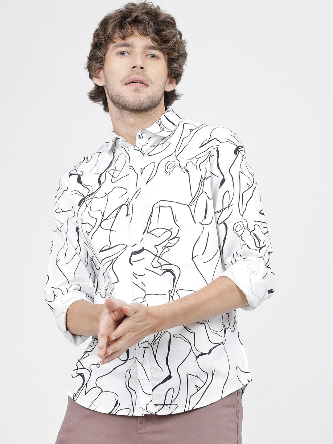 

HIGHLANDER Men White Slim Fit Opaque Printed Casual Shirt