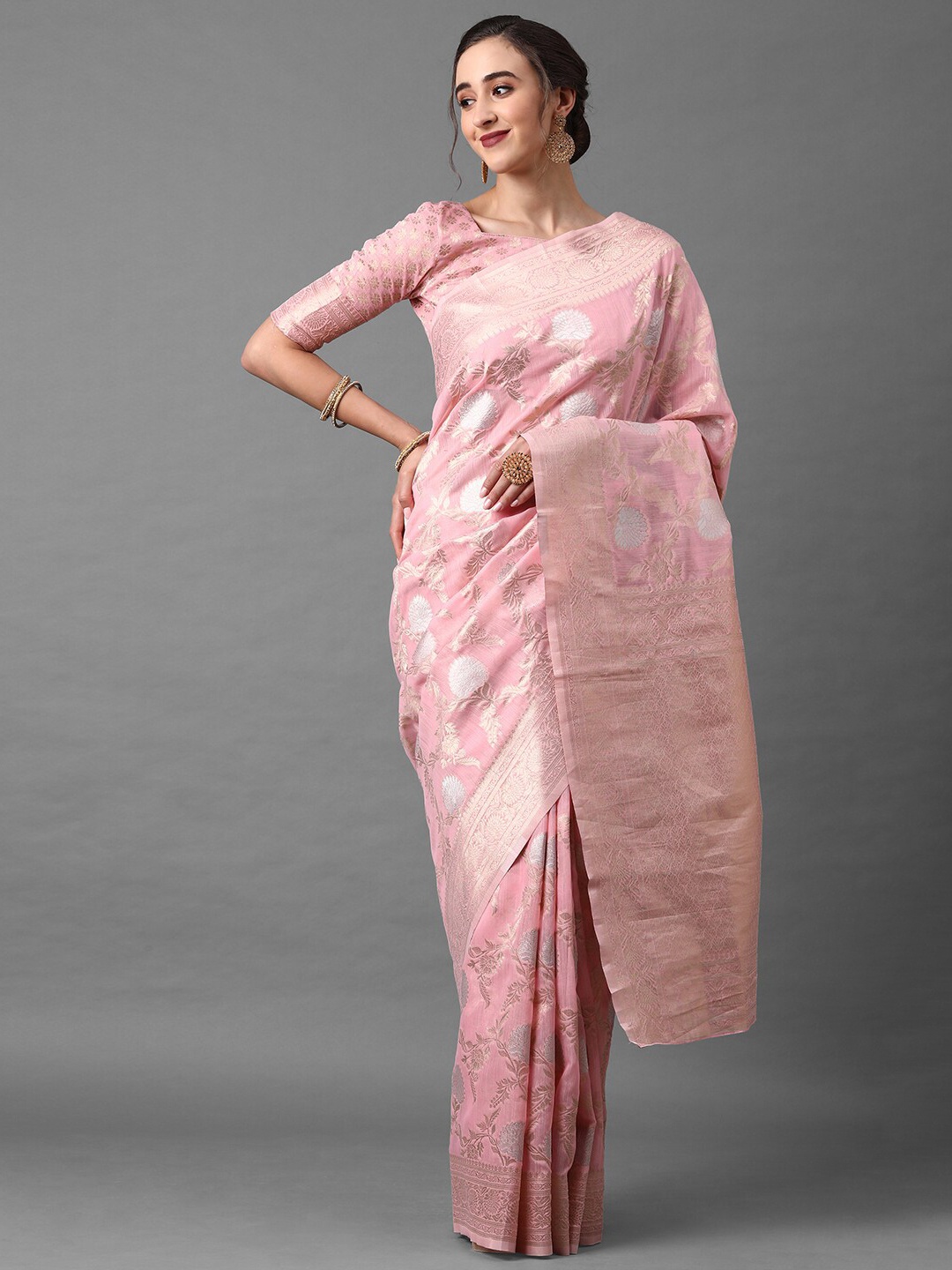 

Mitera Women Pink & Silver-Toned Woven Designed Banarasi Saree
