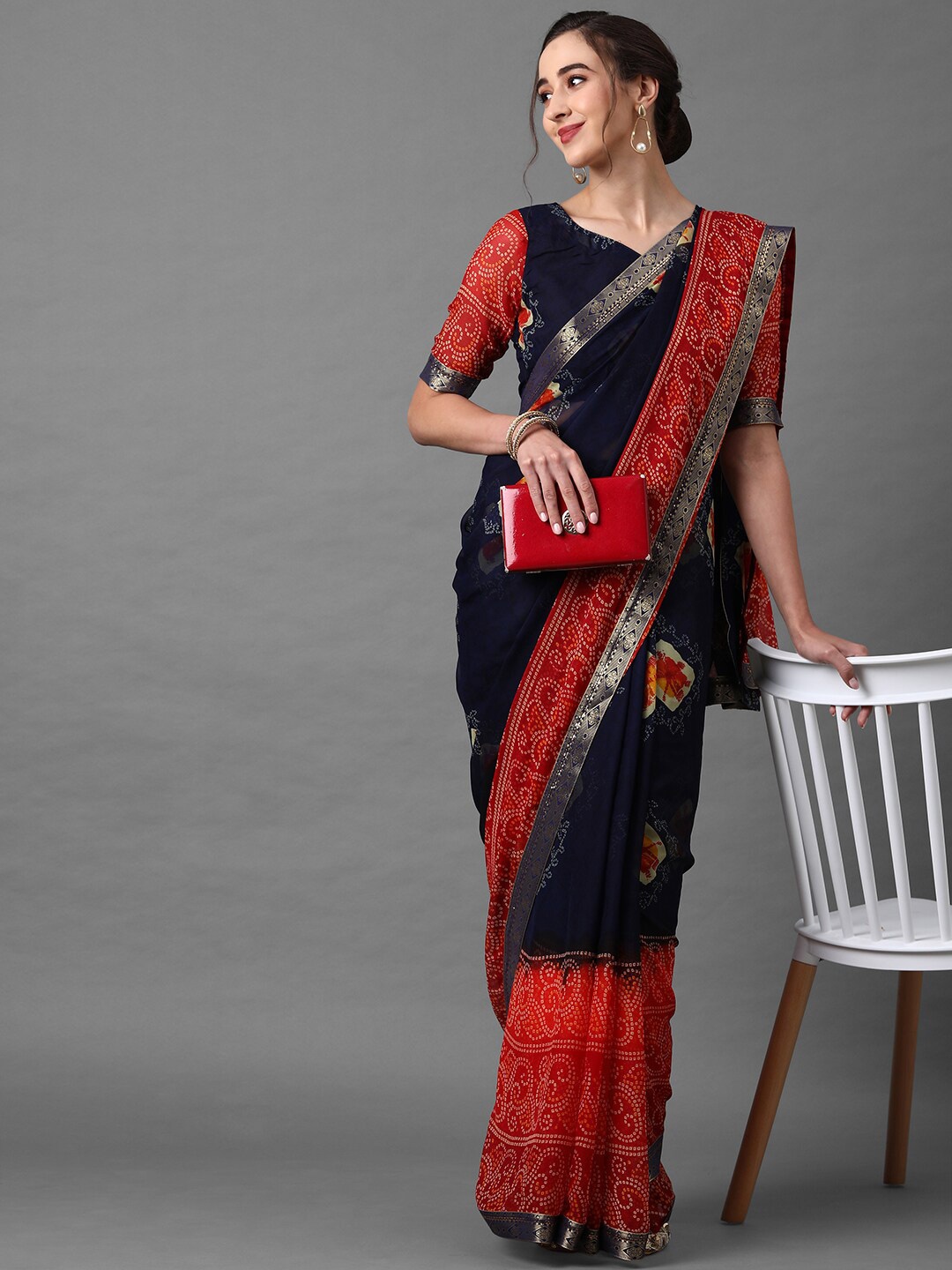 

Mitera Navy Blue & Red Poly Georgette Bandhani Printed Saree