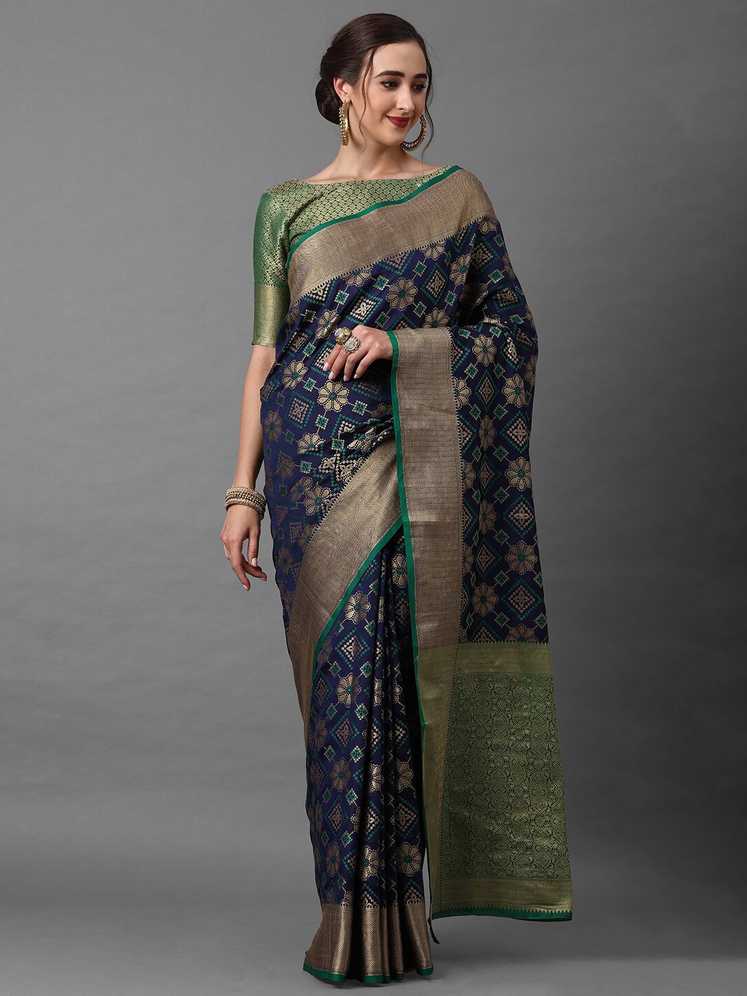 

Mitera Women Navy Blue & Green Woven Designed Banarasi Saree
