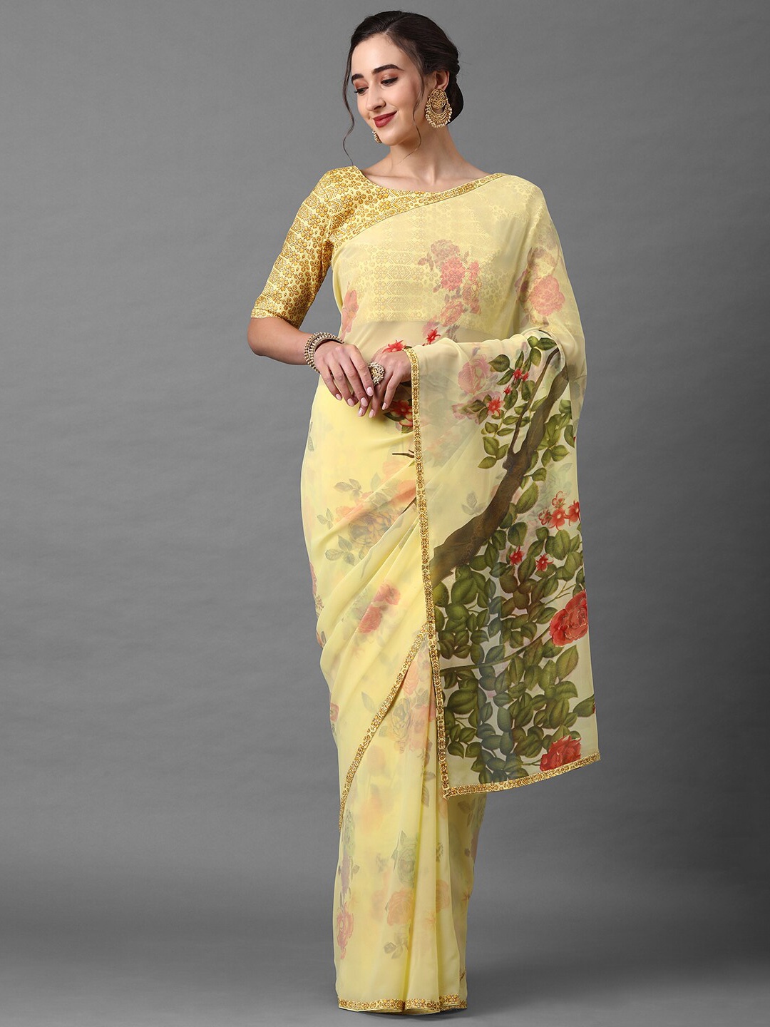 

Mitera Women Yellow Poly Georgette Floral Printed Saree