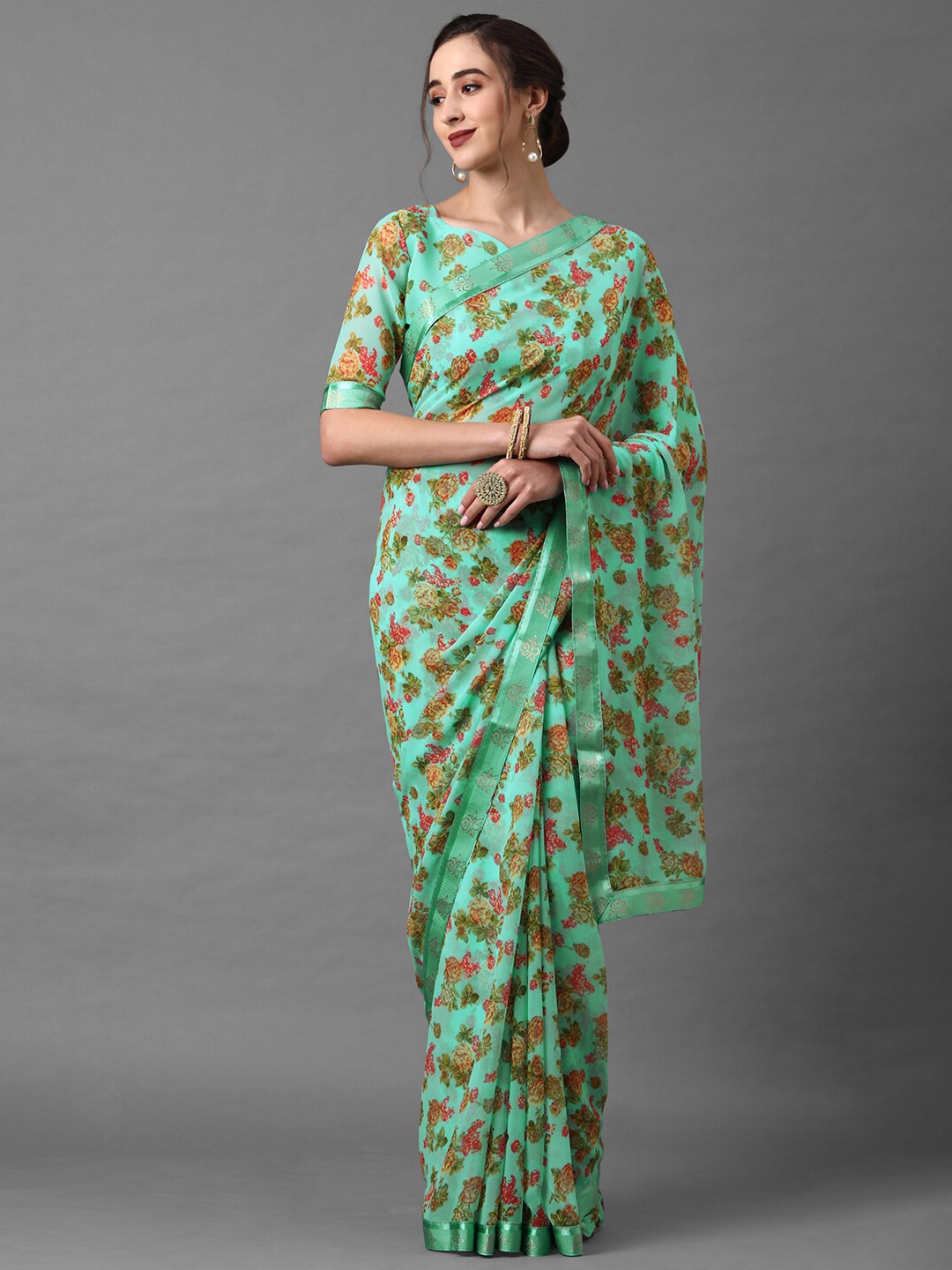 

Mitera Women Sea Green Poly Georgette Floral Printed Saree