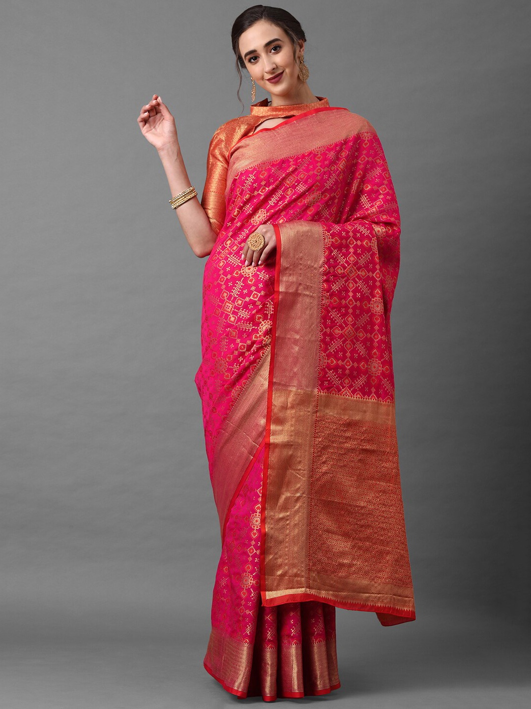 

Mitera Pink & Orange Ethnic Motifs Woven Designed Saree