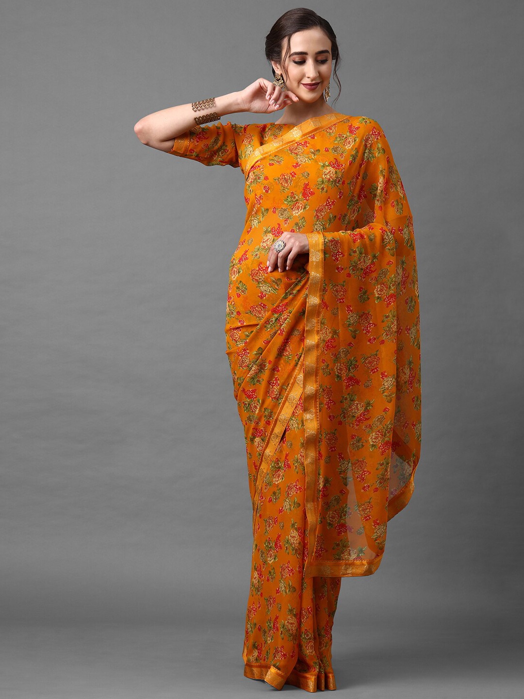 

Mitera Women Orange Poly Georgette Floral Printed Saree