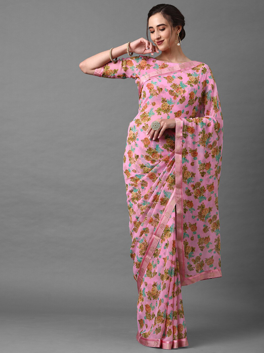 

Mitera Women Pink Poly Georgette Floral Printed Saree