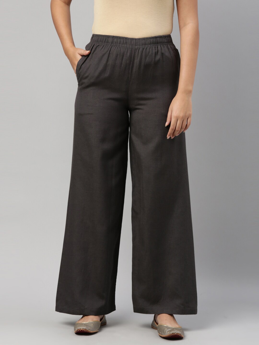 

Go Colors Women Grey Solid Linen Palazzos