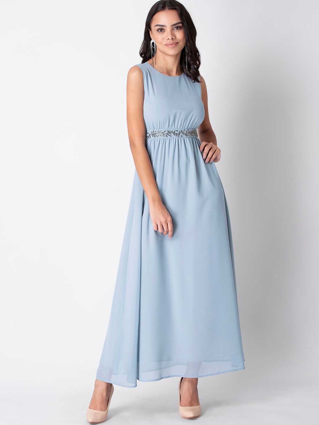 

FabAlley Blue & Silver-Toned Embellished Georgette Maxi Dress