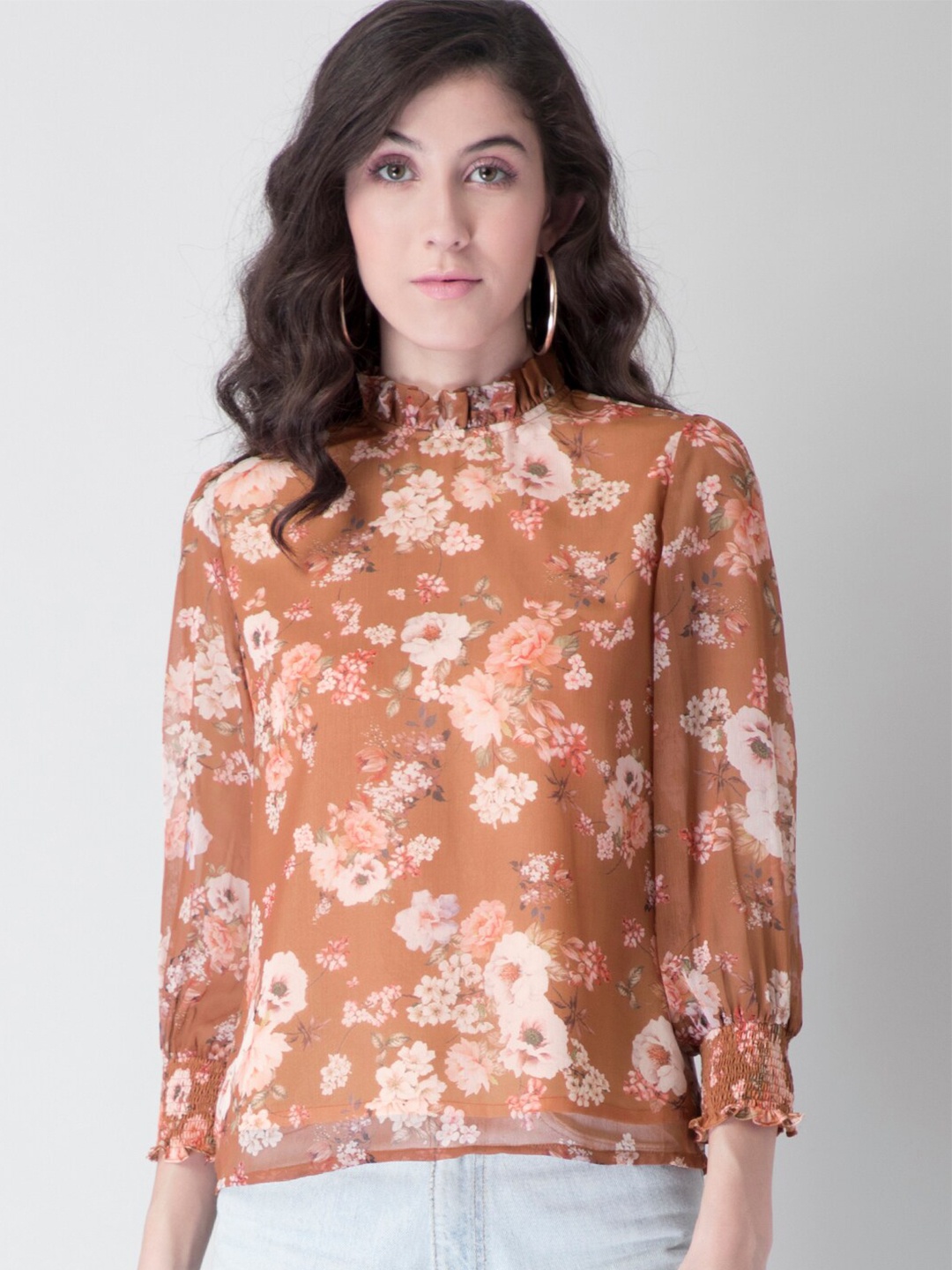 

FabAlley Women Brown & Cream-Coloured Floral Georgette Regular Top