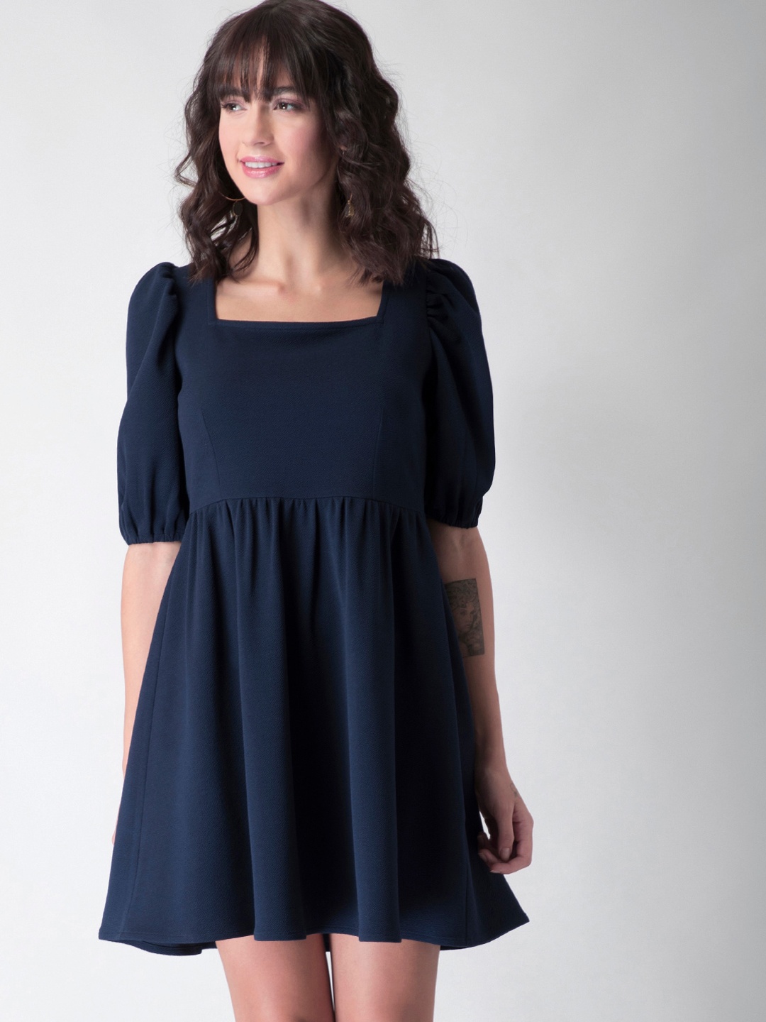 

FabAlley Blue Square Neck Puff Sleeves Fit and Flare Dress