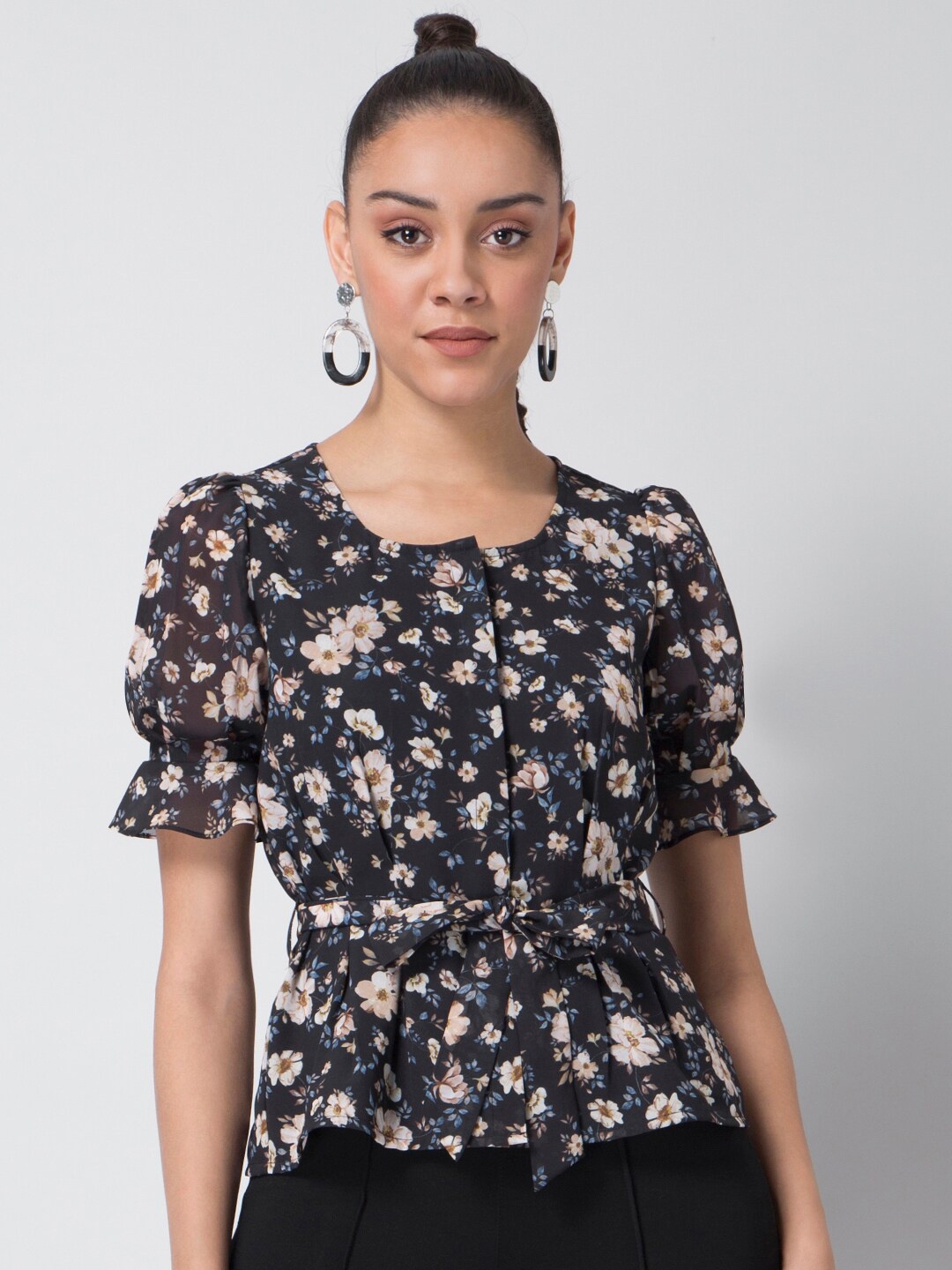 

FabAlley Black Floral Georgette Peplum Top