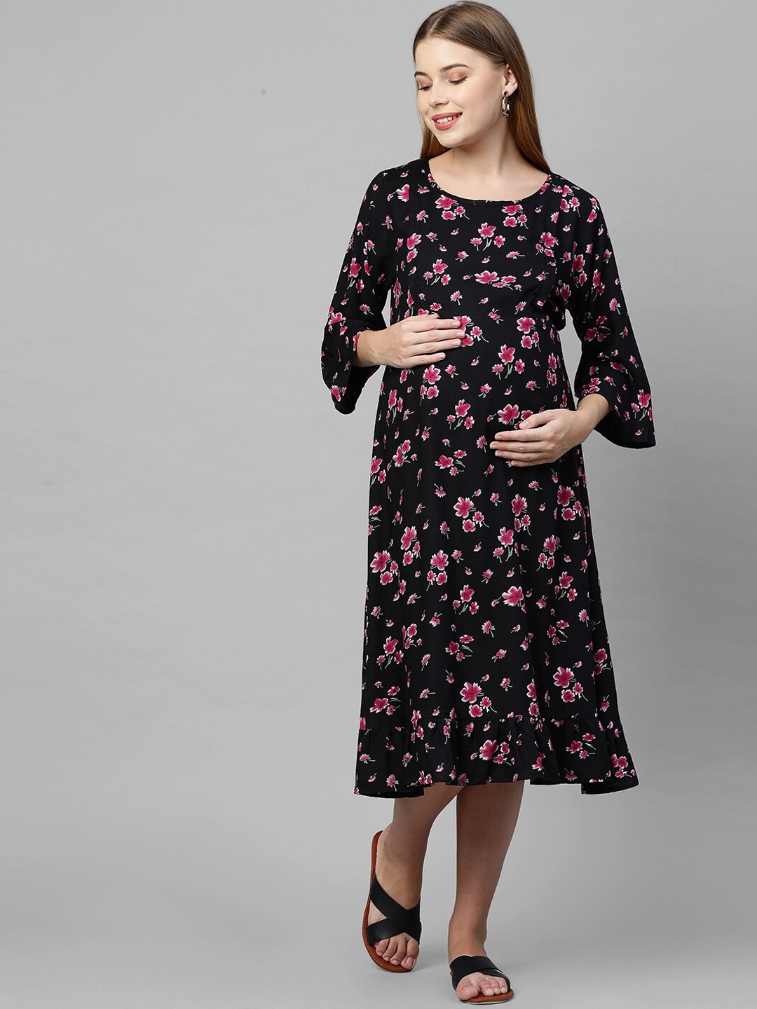 

MomToBe Black & Pink Floral Printed Nursing A-Line Midi Dress