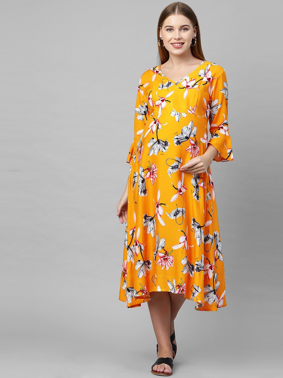 

MomToBe Women Yellow Floral Maternity Nursing Midi Dress