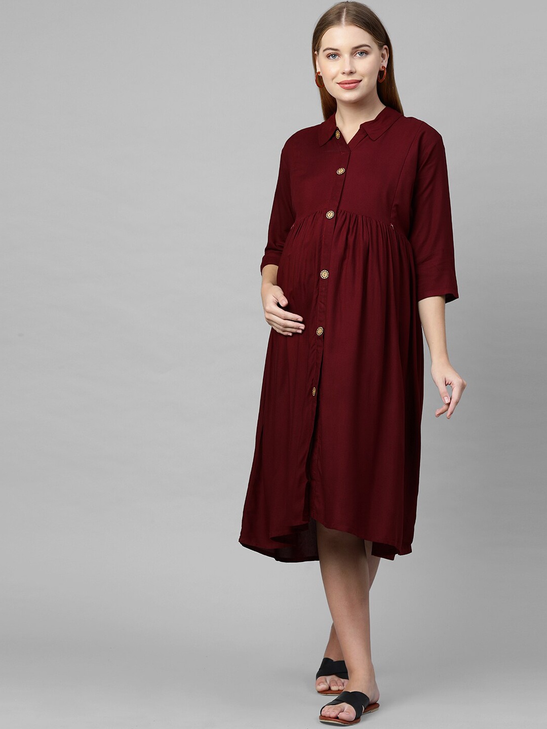 

MomToBe Maroon Maternity Shirt Midi Nursing Dress