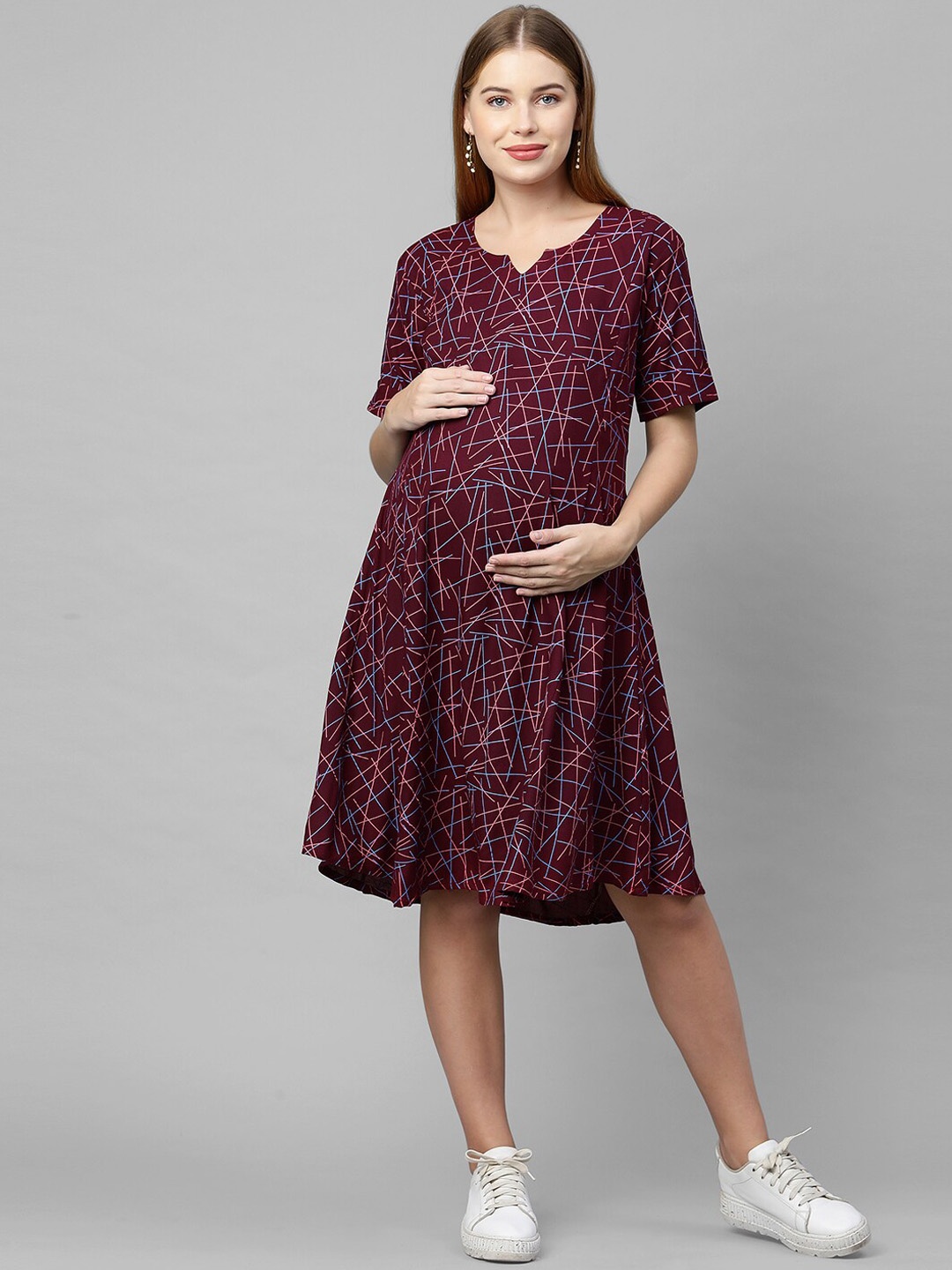 

MomToBe Woman Maroon Printed Maternity Nursing A-Line Dress