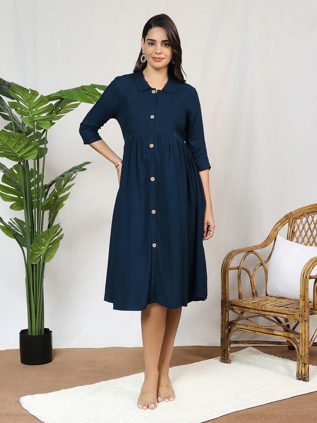 

MomToBe Green Solid Maternity Nursing Shirt Midi Dress