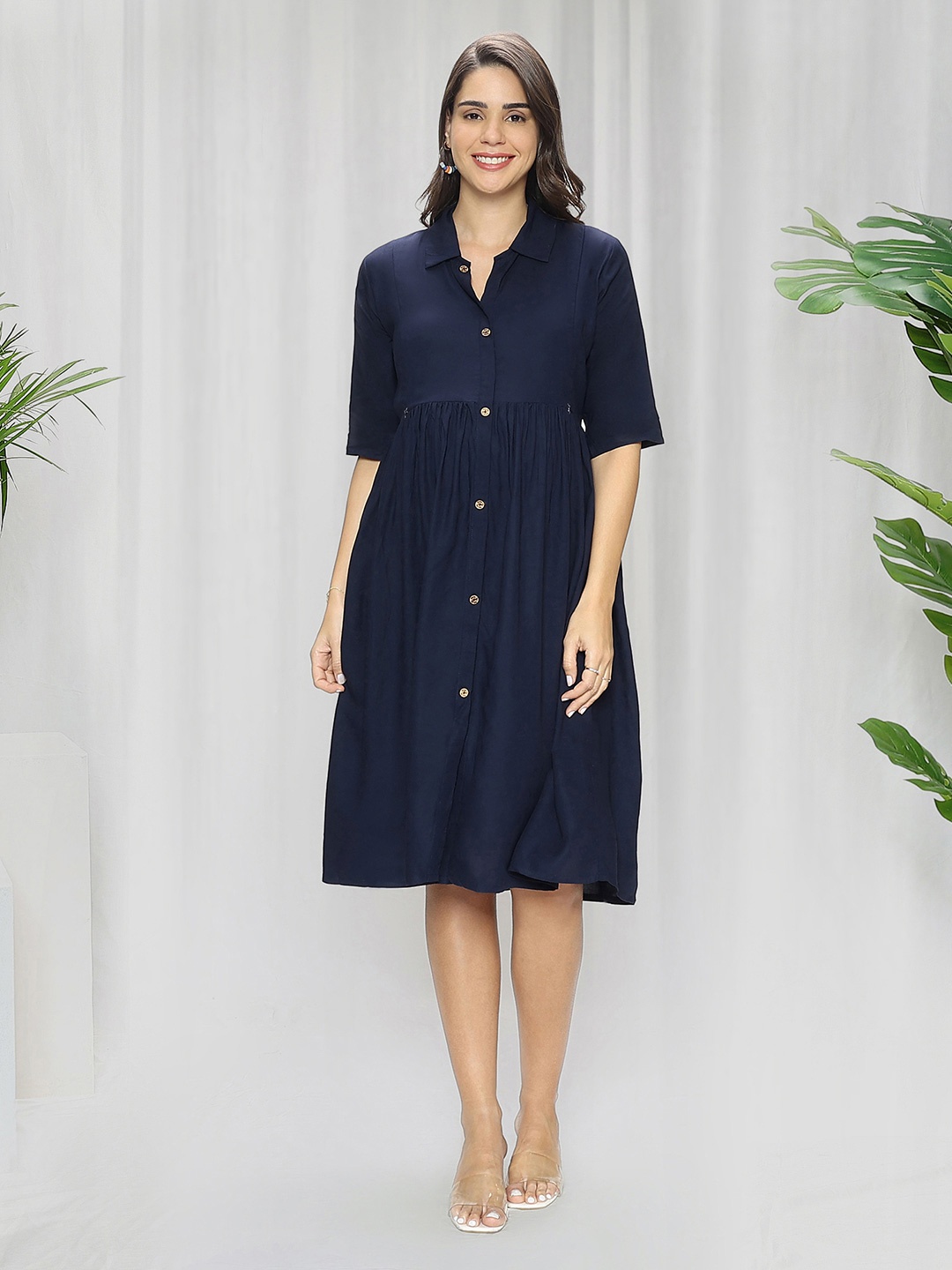 

MomToBe Women Navy Blue Maternity Nursing Shirt Midi Dress