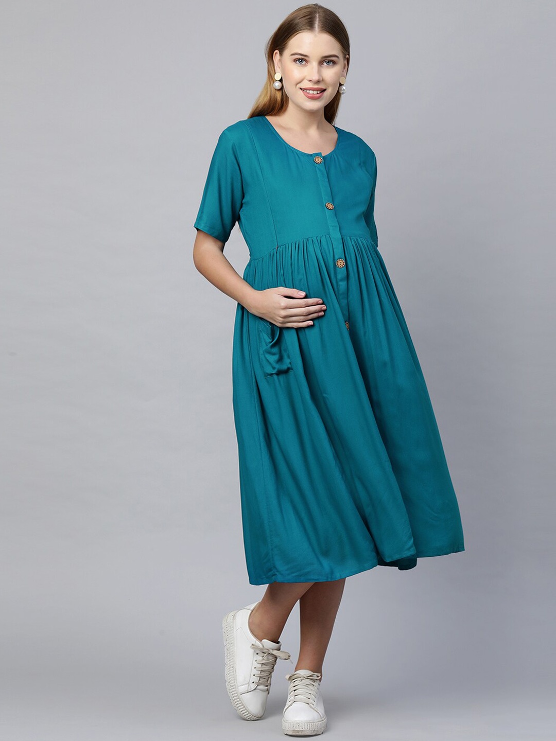 

MomToBe Woman Blue Solid Maternity Nursing A-Line Midi Sustainable Dress