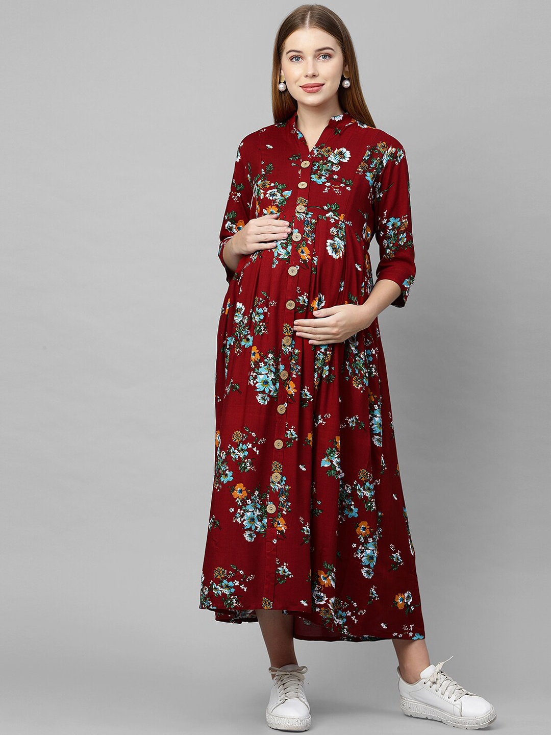 

MomToBe Women Maroon & White Floral Maternity Nursing Maxi Dress