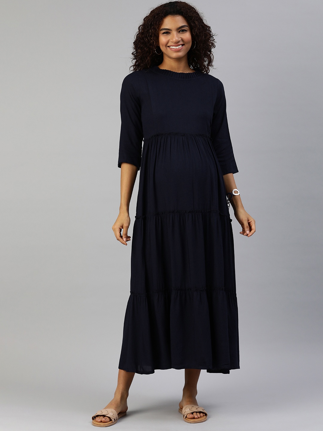 

MomToBe Navy Blue Maternity Nursing Maxi Sustainable Dress