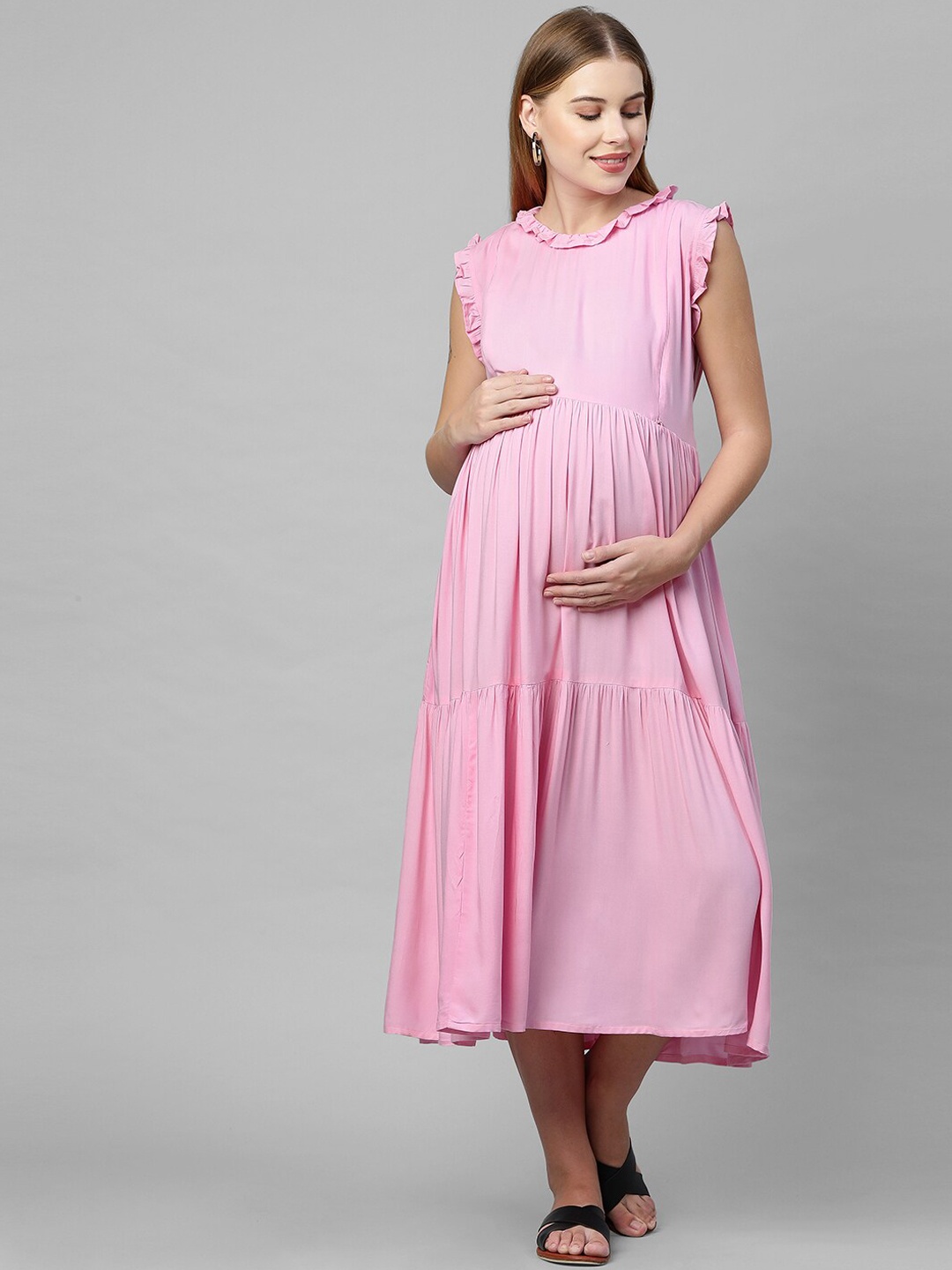 

MomToBe Pink A-Line Maternity Midi Nursing Dress
