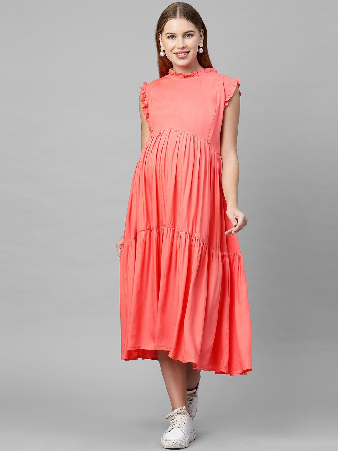 

MomToBe Peach-Coloured Solid Maternity Nursing A-Line Midi Sustainable Dress