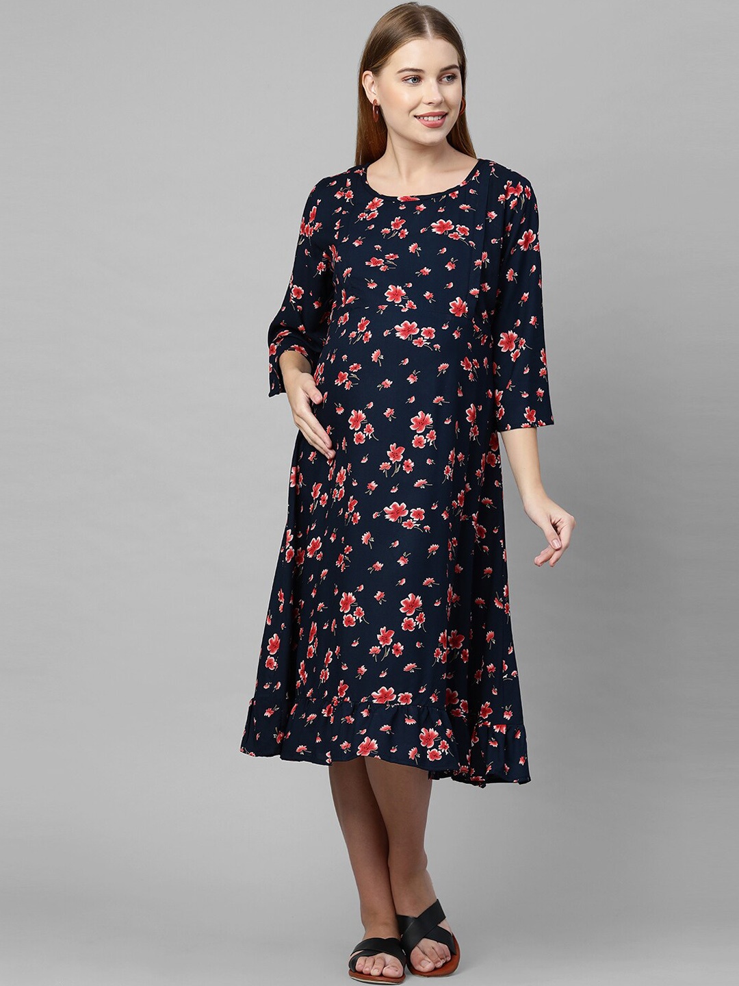 

MomToBe Women Navy Blue & Red Floral Printed Nursing A-Line Midi Dress