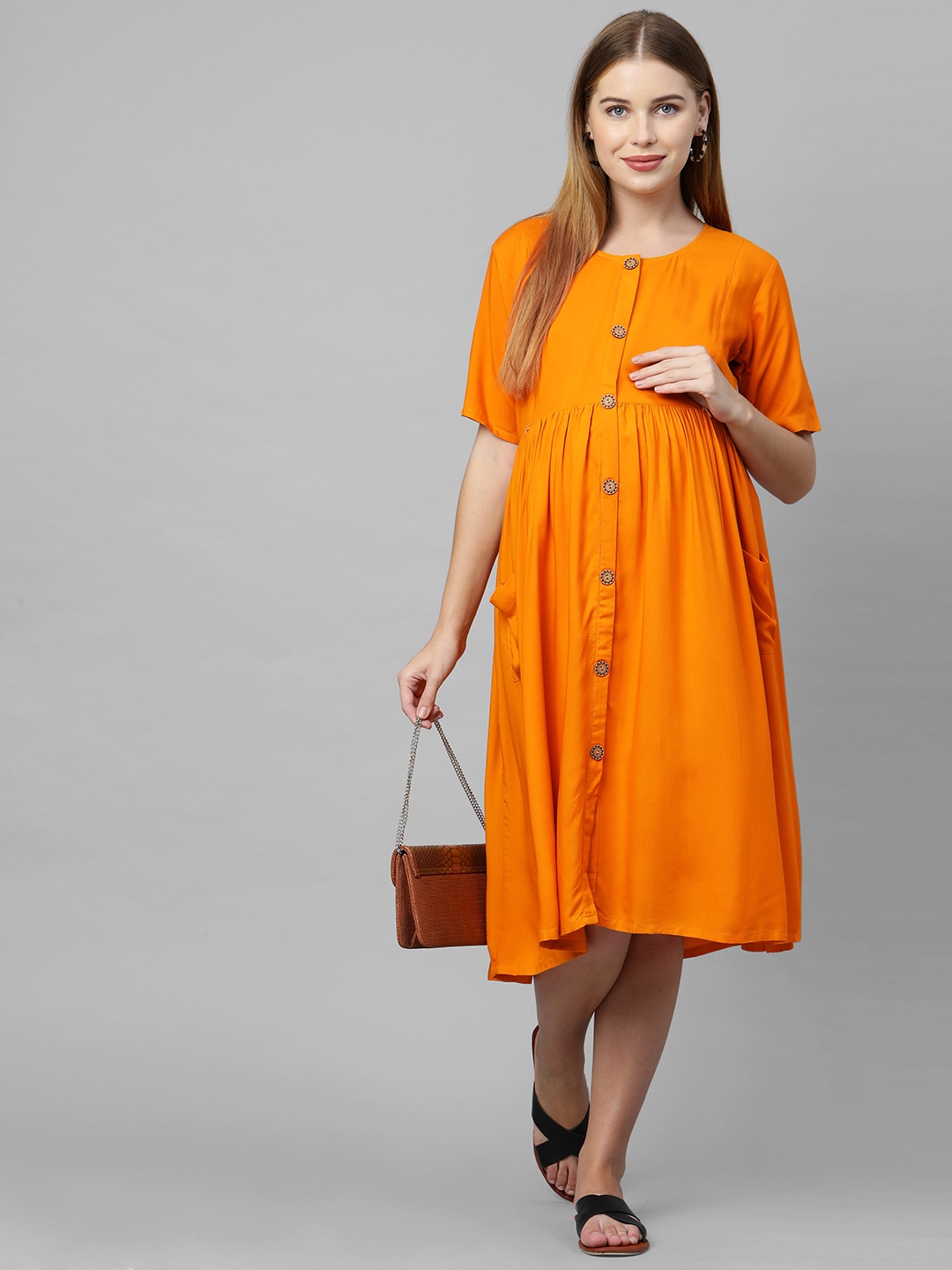 

MomToBe Woman Yellow A-Line Maternity Midi Nursing Dress