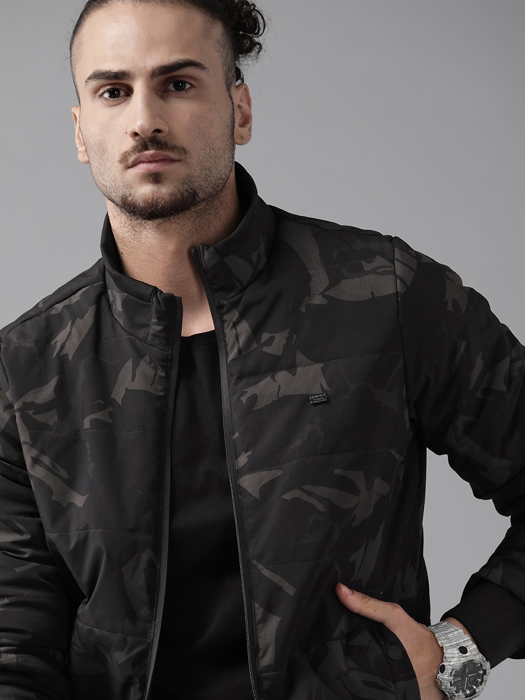 

Roadster Men Olive Green & Black Camouflage Print Padded Jacket