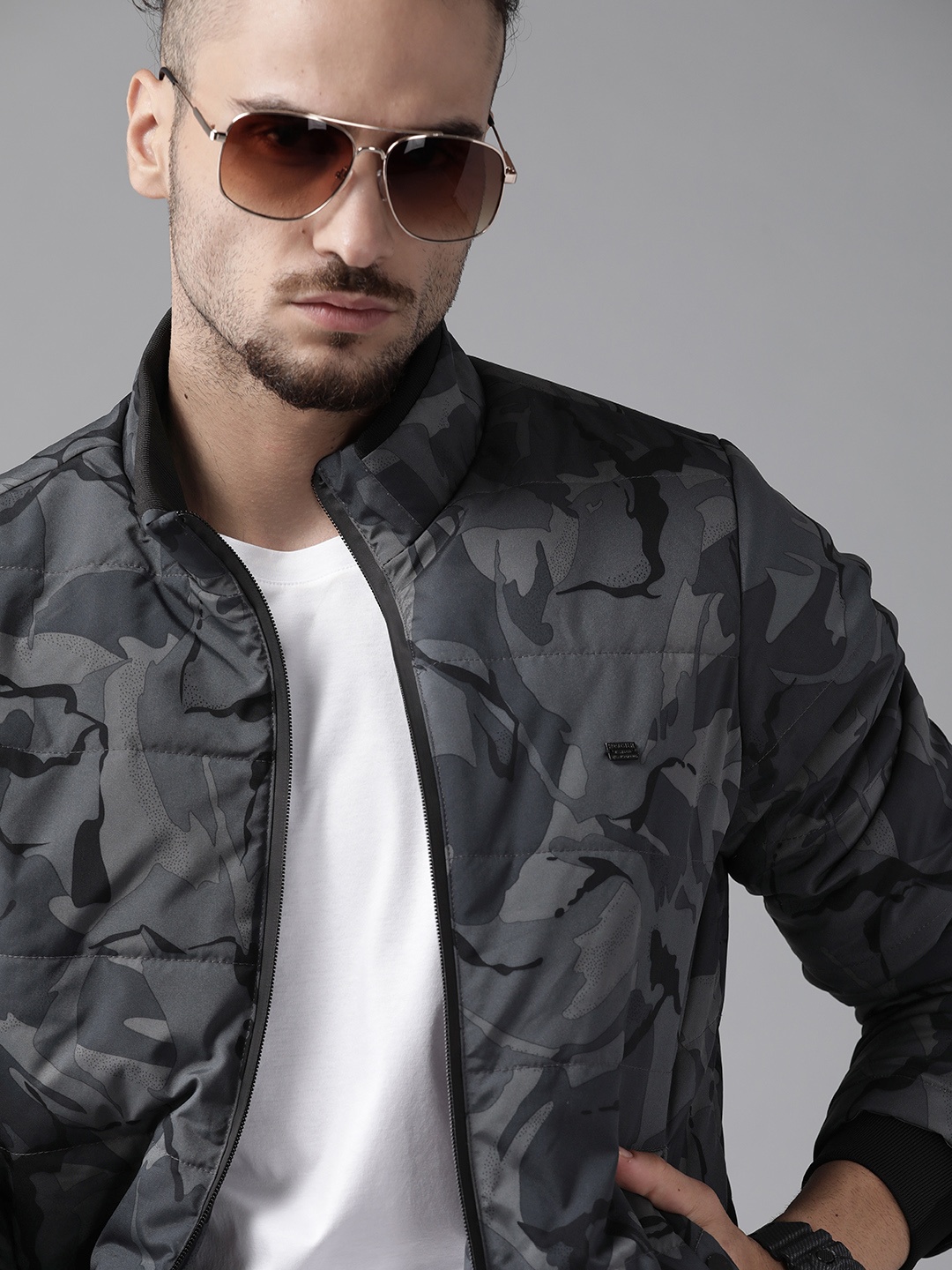 

Roadster Men Grey Camouflage Print Padded Jacket
