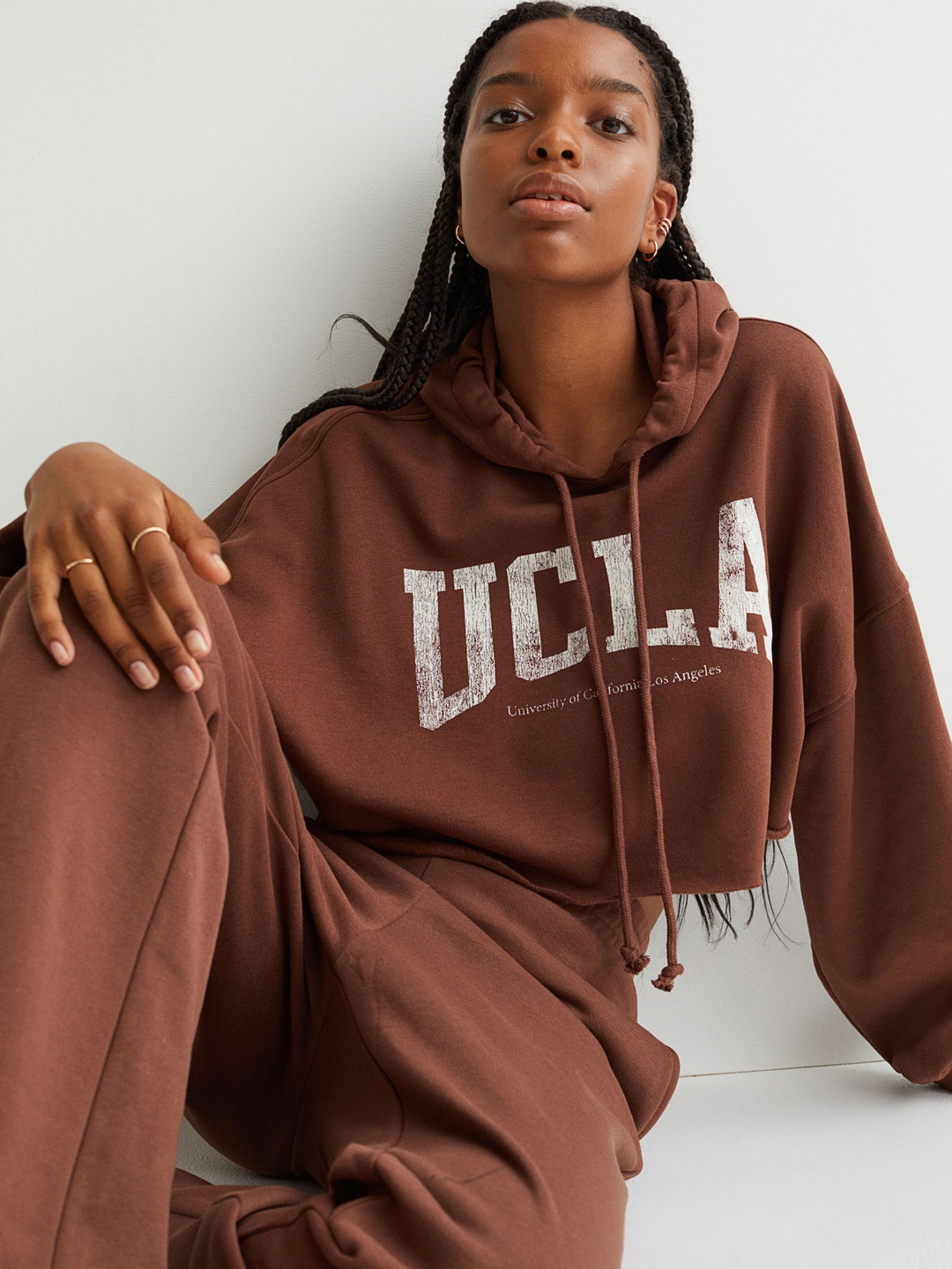 

H&M Women Brown & White Cropped Hoodie